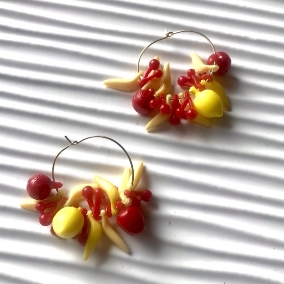 Vintage Jewelry - Vintage 60’s fruit bunch charm gold tone hoop earrings